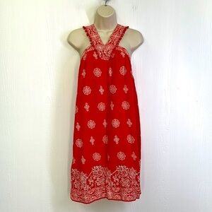 Ann Taylor Loft - Orange Floral White Design V Neck Pom Poms Midi Dress Size SM